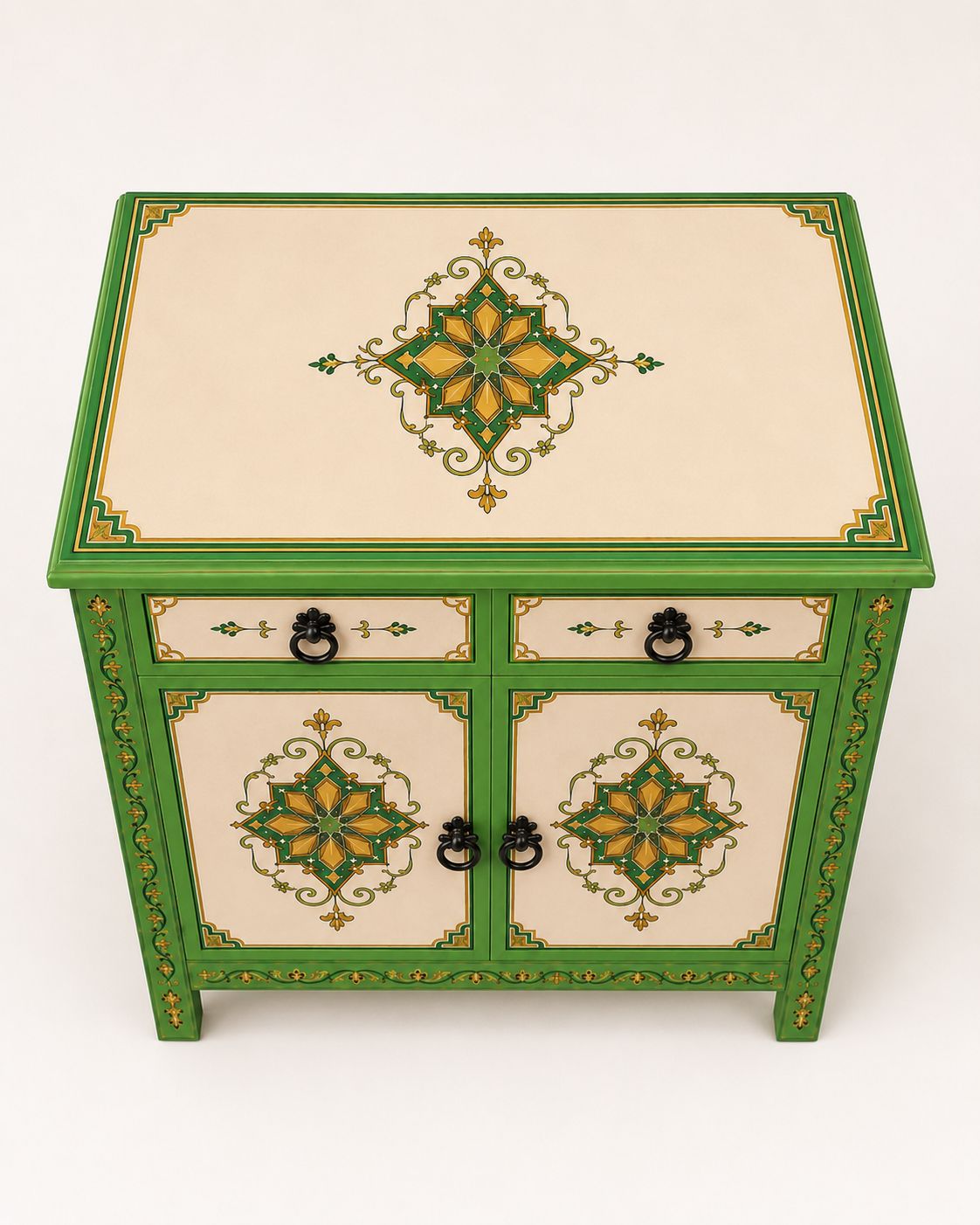 Handmade Moroccan sideboard with gold patterns and ring pulls