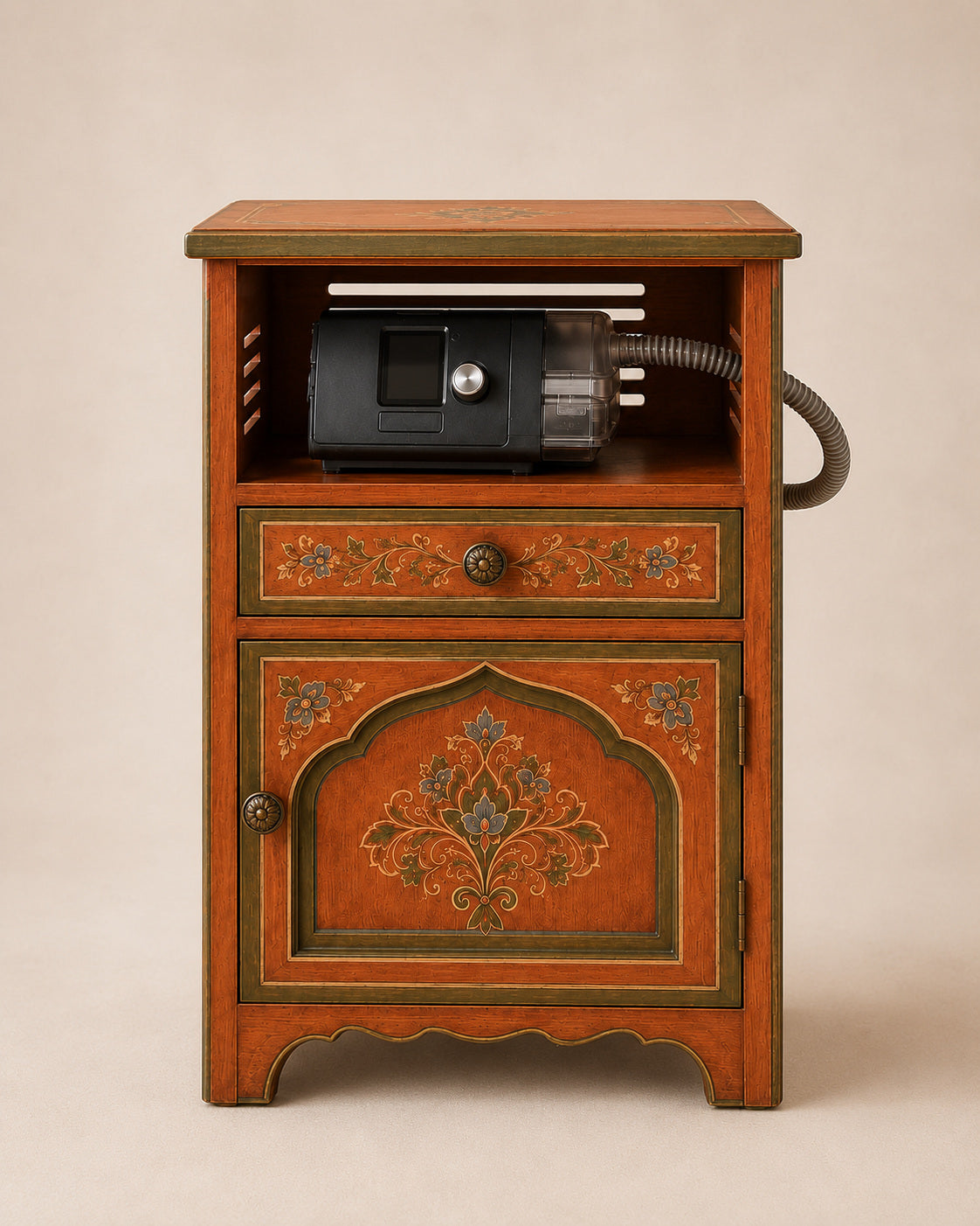 Hand-Painted Moroccan CPAP Nightstand with Storage & Hose Port