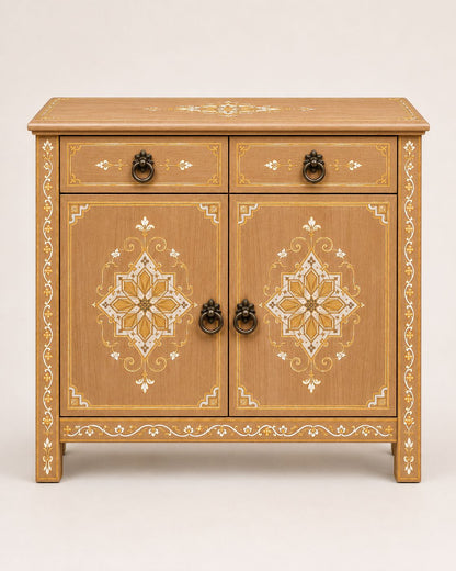Natural wood storage cabinet with gold and ivory artisan patterns