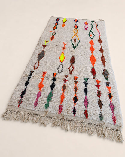 Close-up of the rug’s textured surface and colorful handmade motifs. 