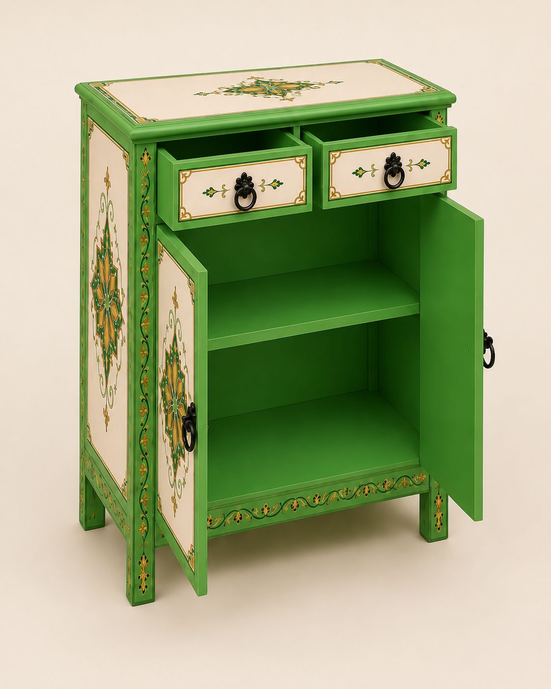 Open green Moroccan cabinet with drawers and interior shelf