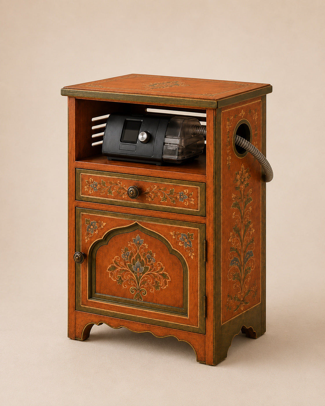 Hand-Painted Moroccan CPAP Nightstand with Storage & Hose Port
