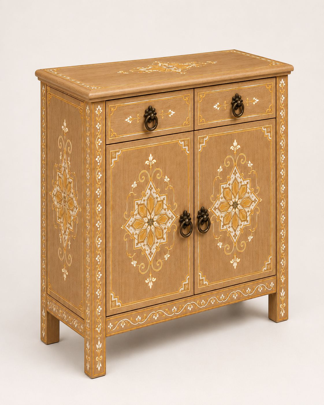 Moroccan accent cabinet with antique brass ring pulls