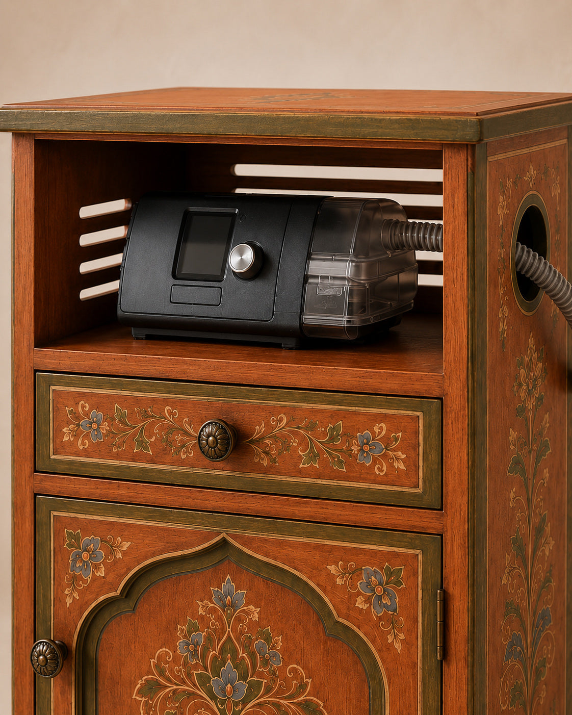 Hand-Painted Moroccan CPAP Nightstand with Storage & Hose Port
