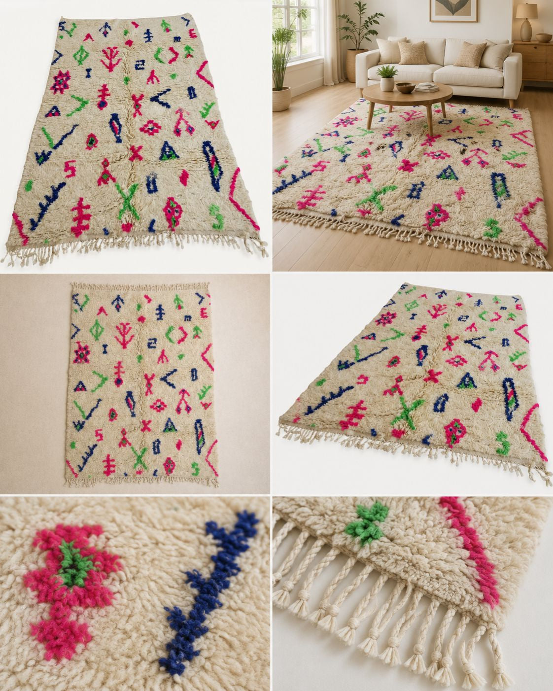 Back of the Moroccan wool rug showing its handmade woven construction. 
