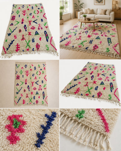 Back of the Moroccan wool rug showing its handmade woven construction. 