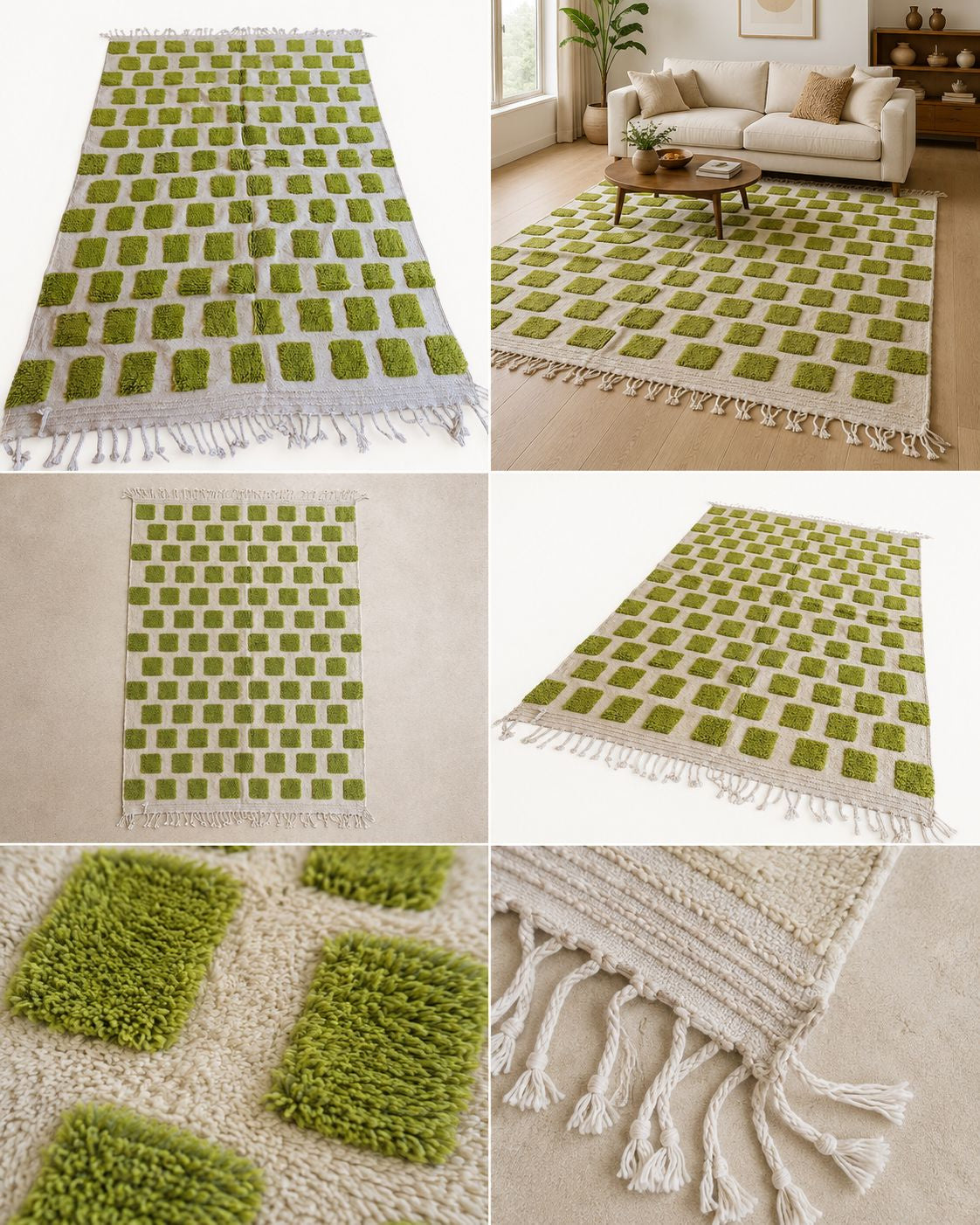 Handmade Moroccan Wool Rug - Green and Cream Checkered Berber Rug for Living Room & Bedroom | KasbaSouk