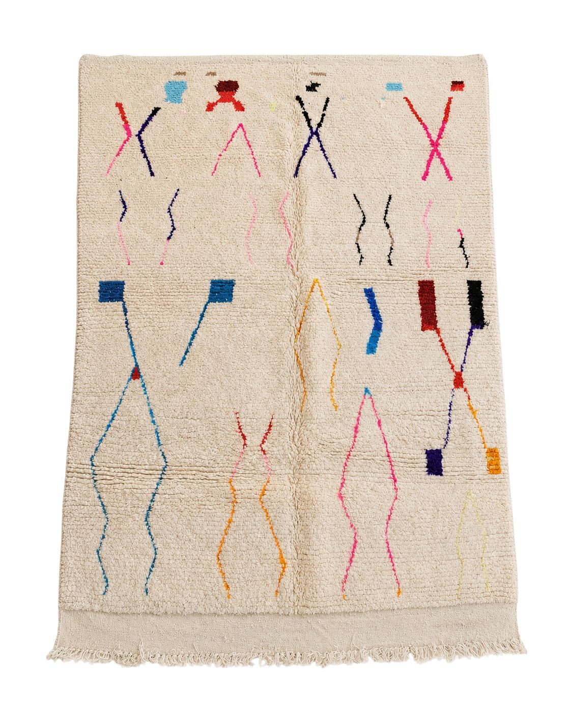 Ivory handmade Moroccan wool rug with colorful minimalist geometric motifs. 