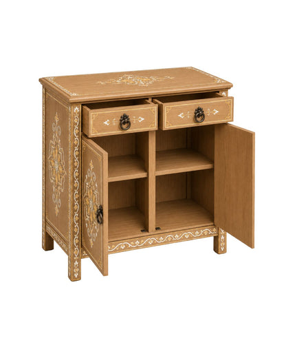 Wooden cabinet with decorative patterns on a white background