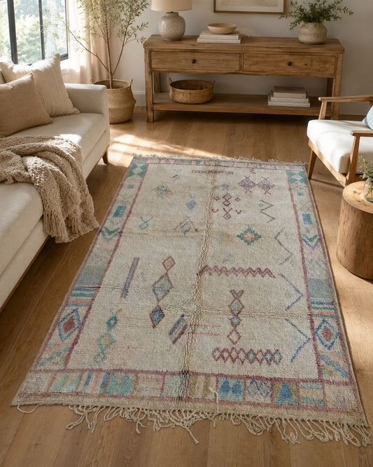 Pastel vintage Moroccan rug styled in a warm boho living room. 