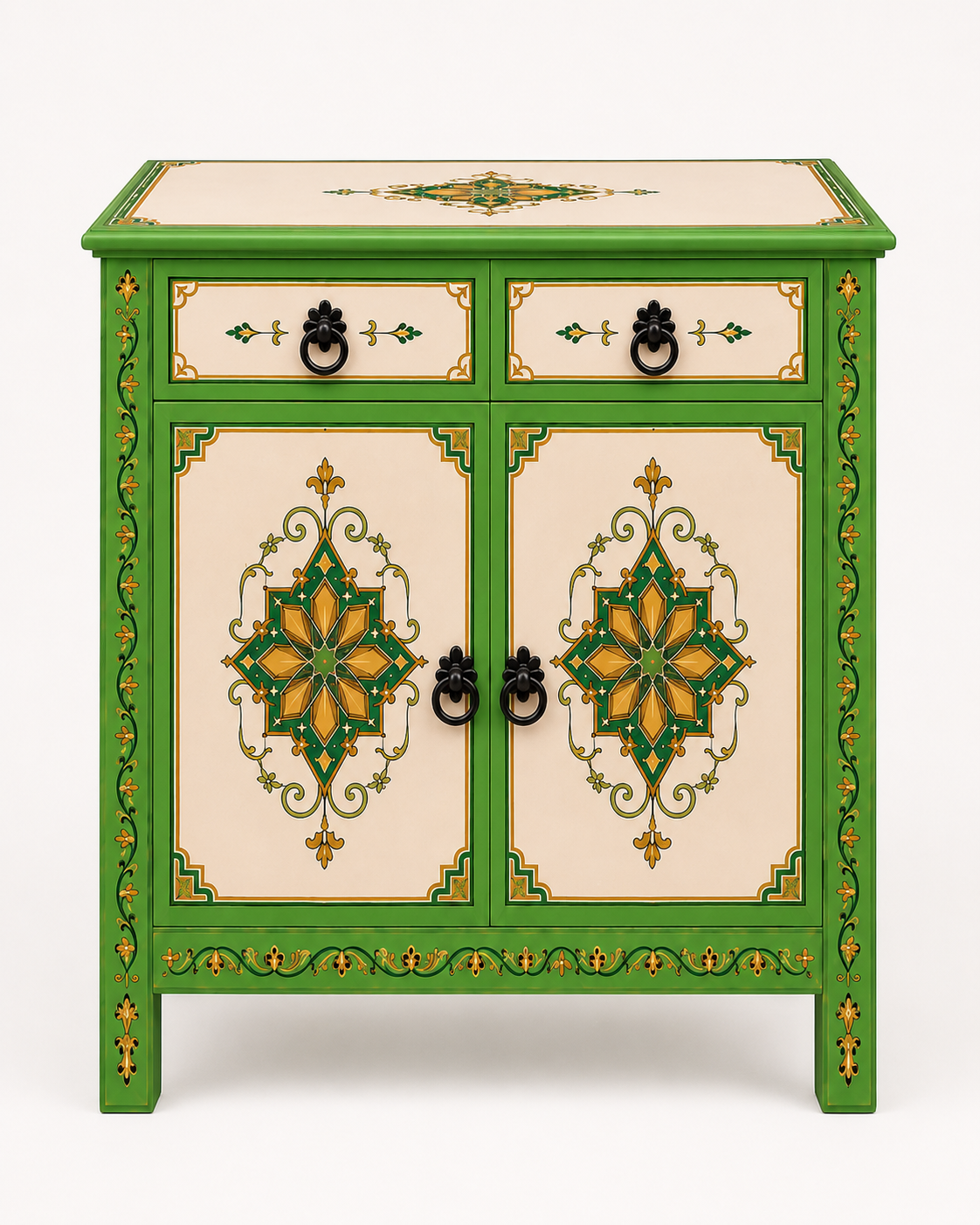 Hand-Painted Green Moroccan Sideboard with Storage