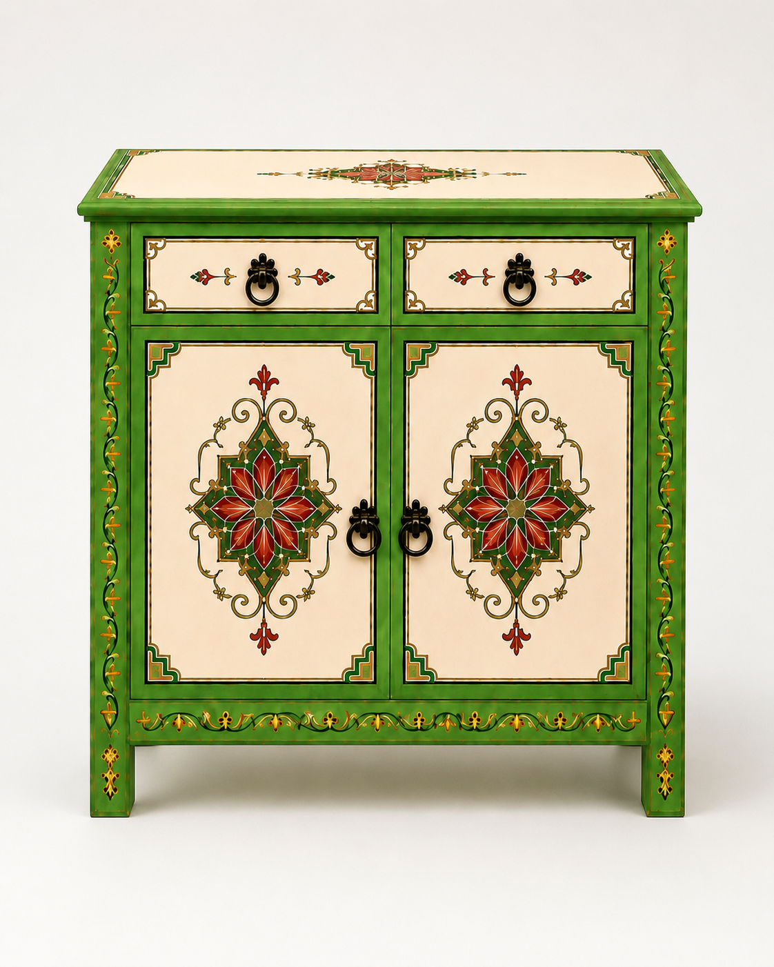 Hand-Painted Green Moroccan Sideboard with Red Floral Motifs