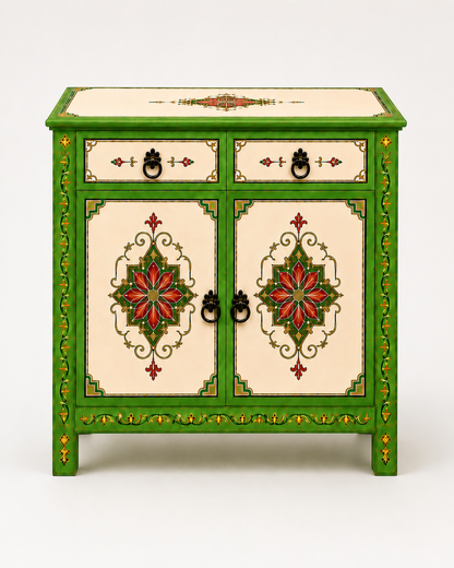 Hand-Painted Green Moroccan Sideboard with Red Floral Motifs
