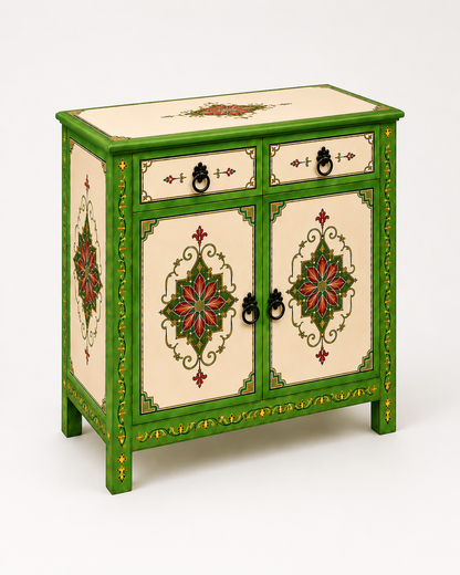 Hand-Painted Green Moroccan Sideboard with Red Floral Motifs