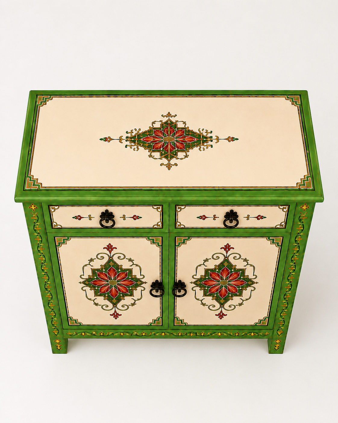 Hand-Painted Green Moroccan Sideboard with Red Floral Motifs
