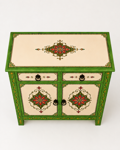 Hand-Painted Green Moroccan Sideboard with Red Floral Motifs