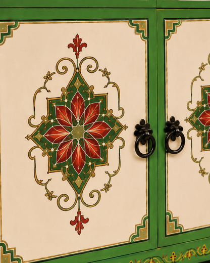 Hand-Painted Green Moroccan Sideboard with Red Floral Motifs