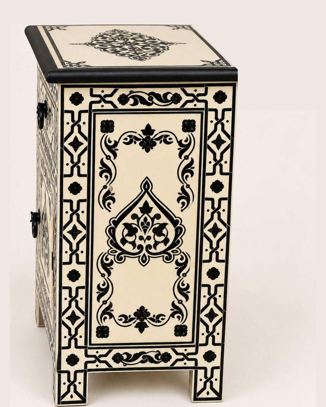 Side view of artisan Moroccan painted wooden storage cabinet 