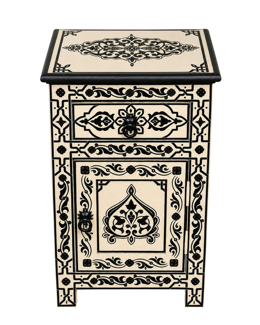 Black and cream Moroccan hand-painted nightstand with drawer and cabinet 