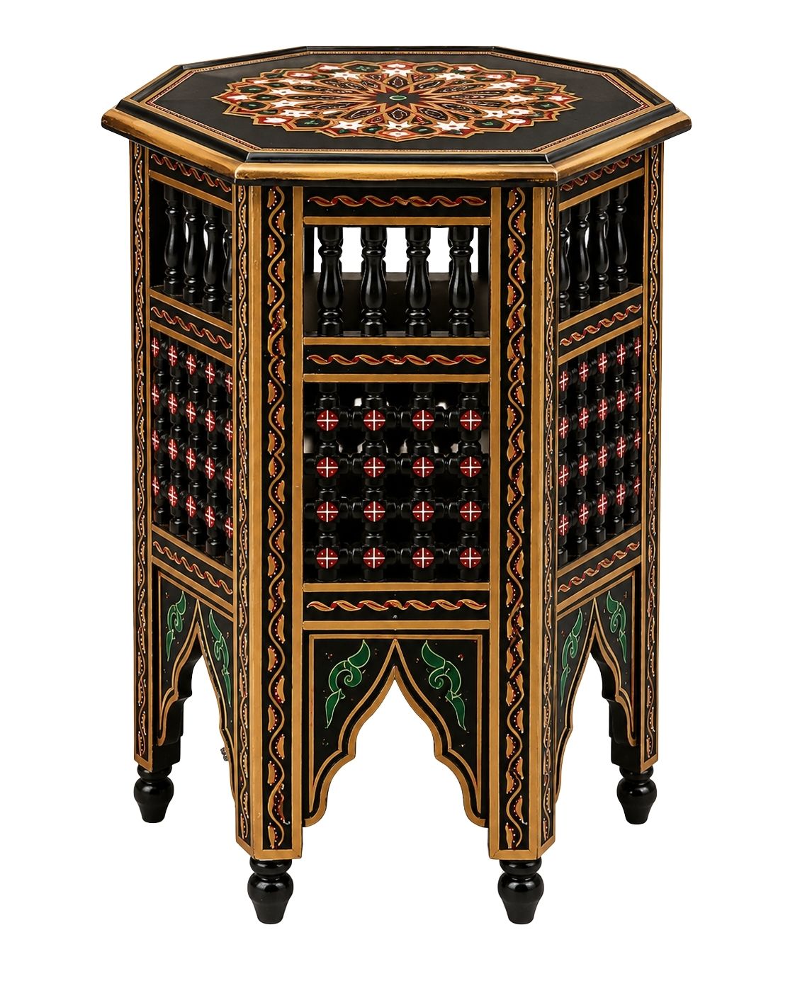 Black and gold Moroccan hand-painted octagonal wooden side table 