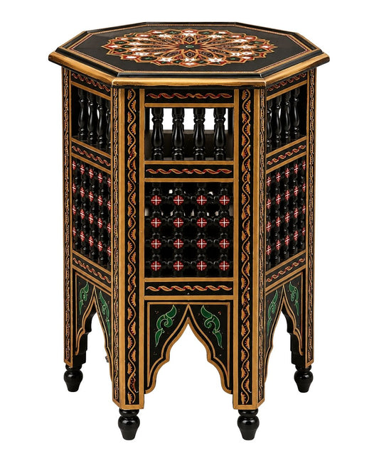 Black and gold Moroccan hand-painted octagonal wooden side table 