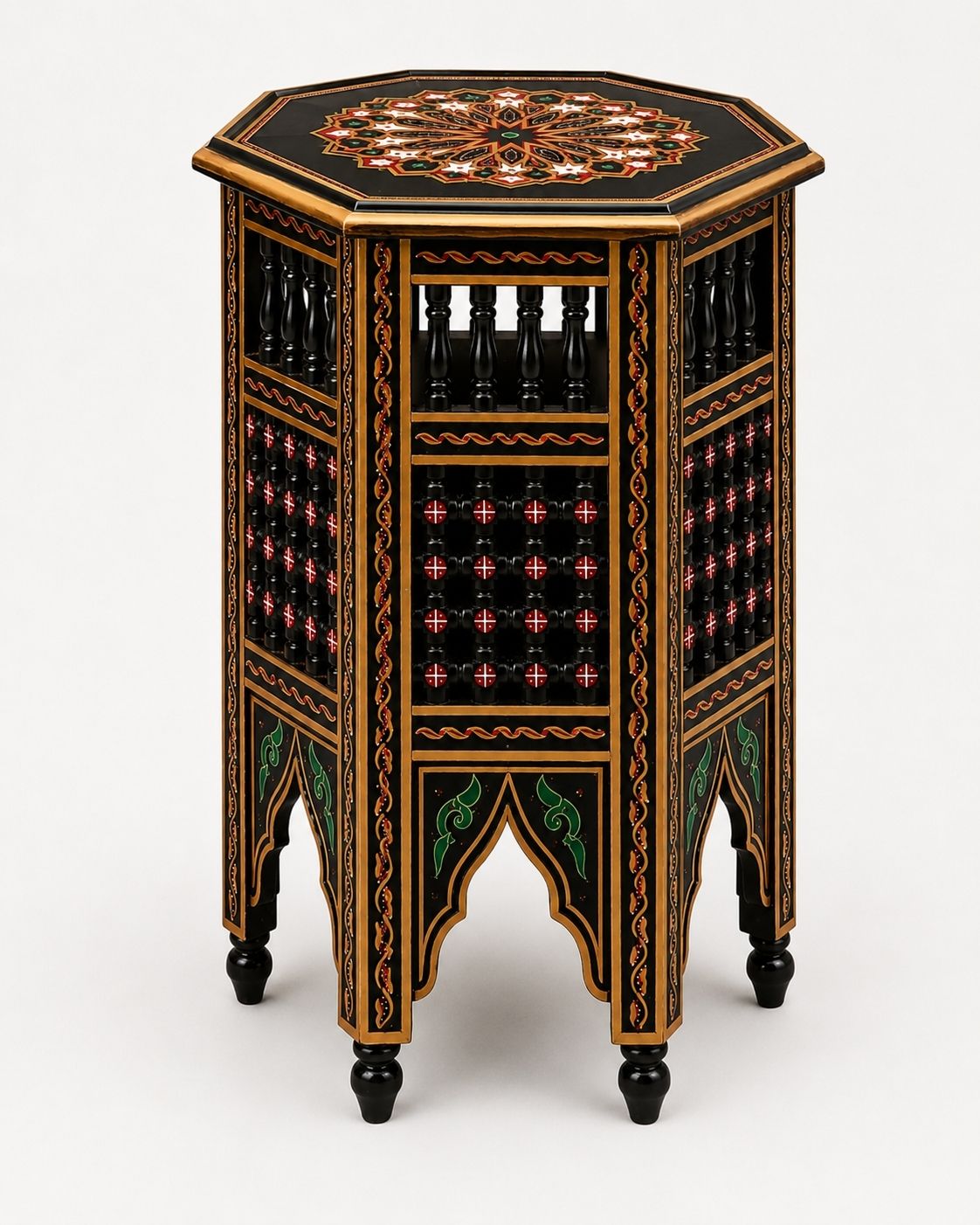 Black Moroccan accent table with gold trim and spindle panels 