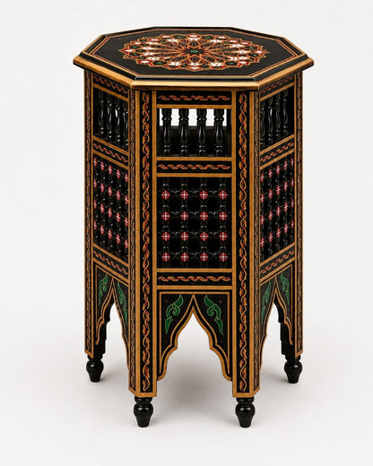 Black Moroccan accent table with gold trim and spindle panels 