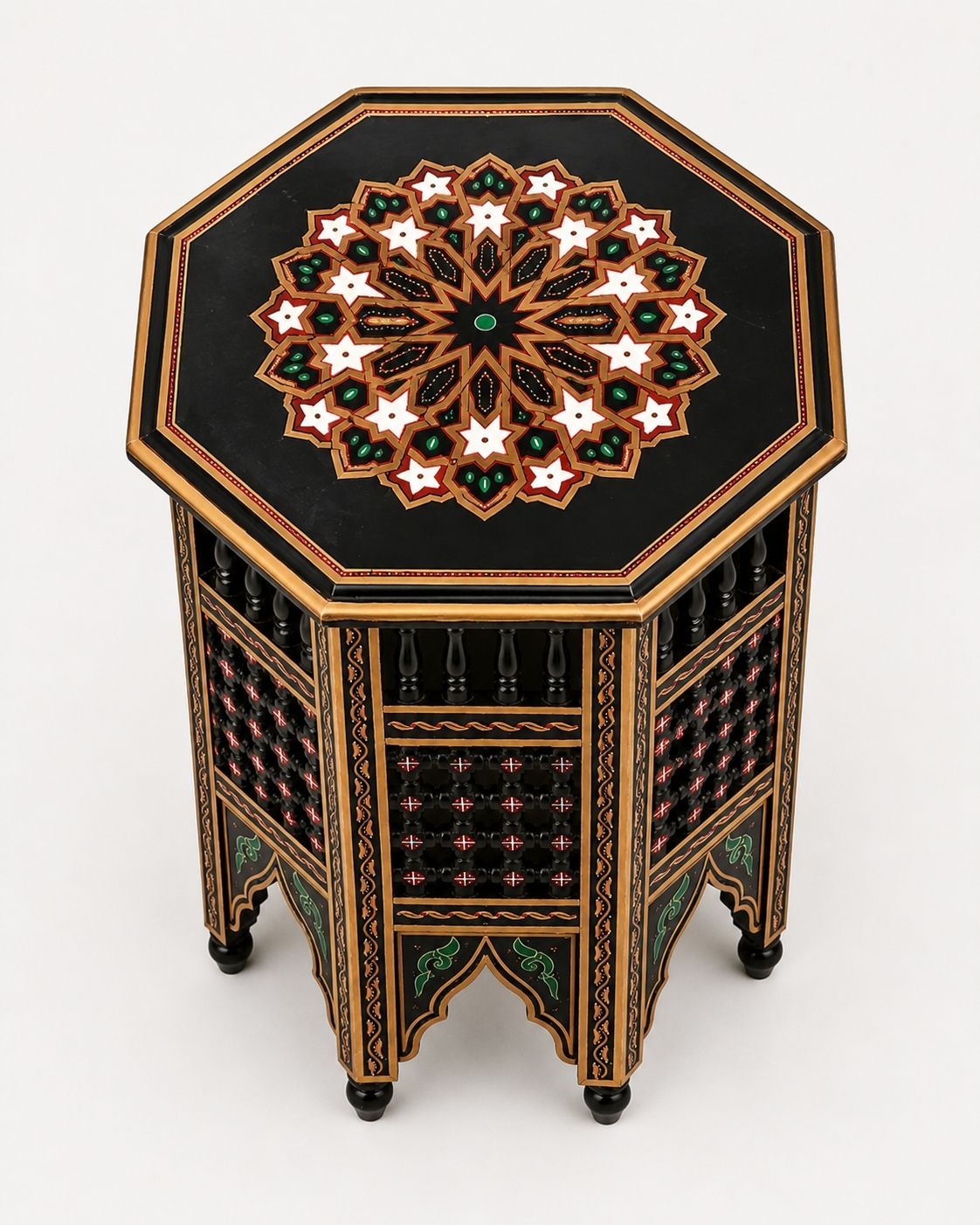 Hand-painted wooden side table with Moorish arches and turned feet 