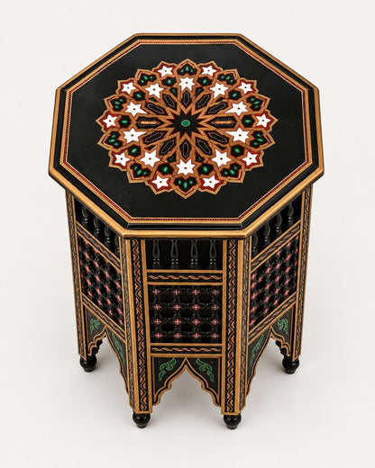 Hand-painted wooden side table with Moorish arches and turned feet 