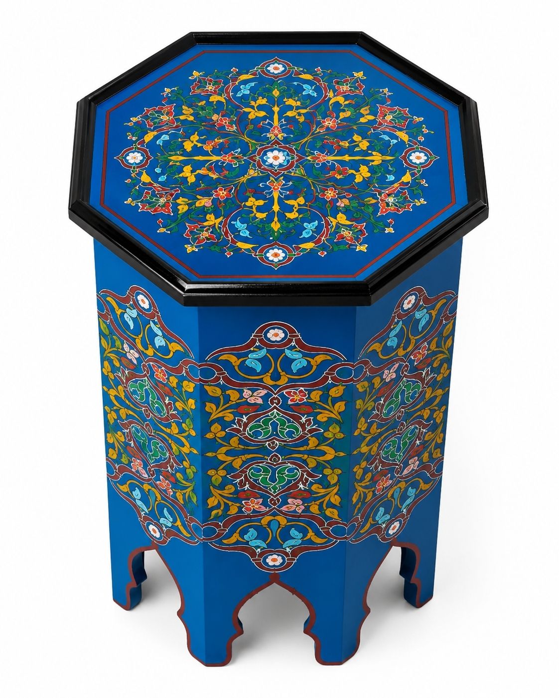 Blue Moroccan pedestal table styled in a warm boho living room 