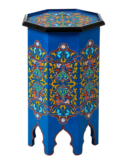 Blue Moroccan hand-painted octagonal wooden side table 