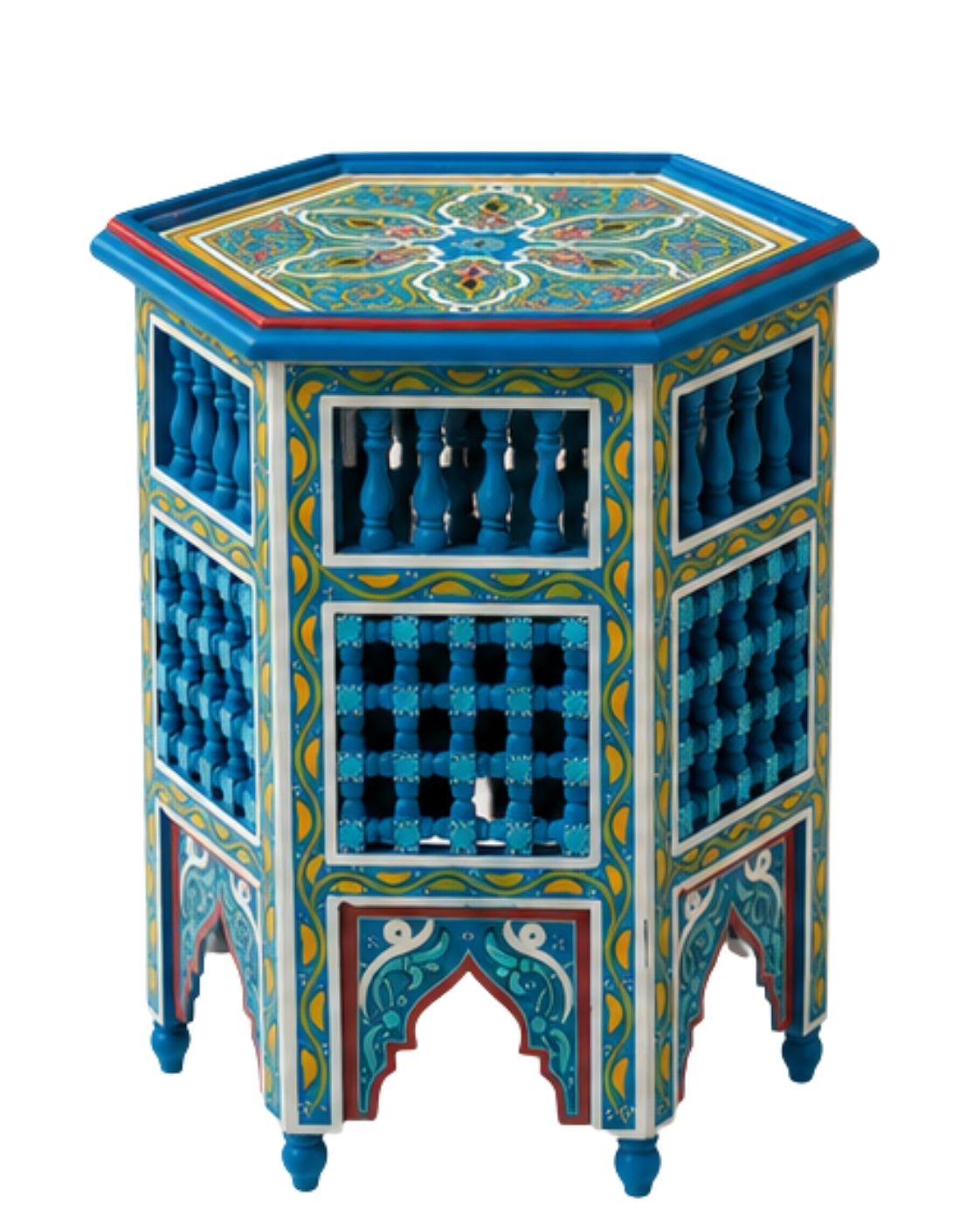 Blue Moroccan hand-painted octagonal side table with intricate moucharaby wood carving from front view.