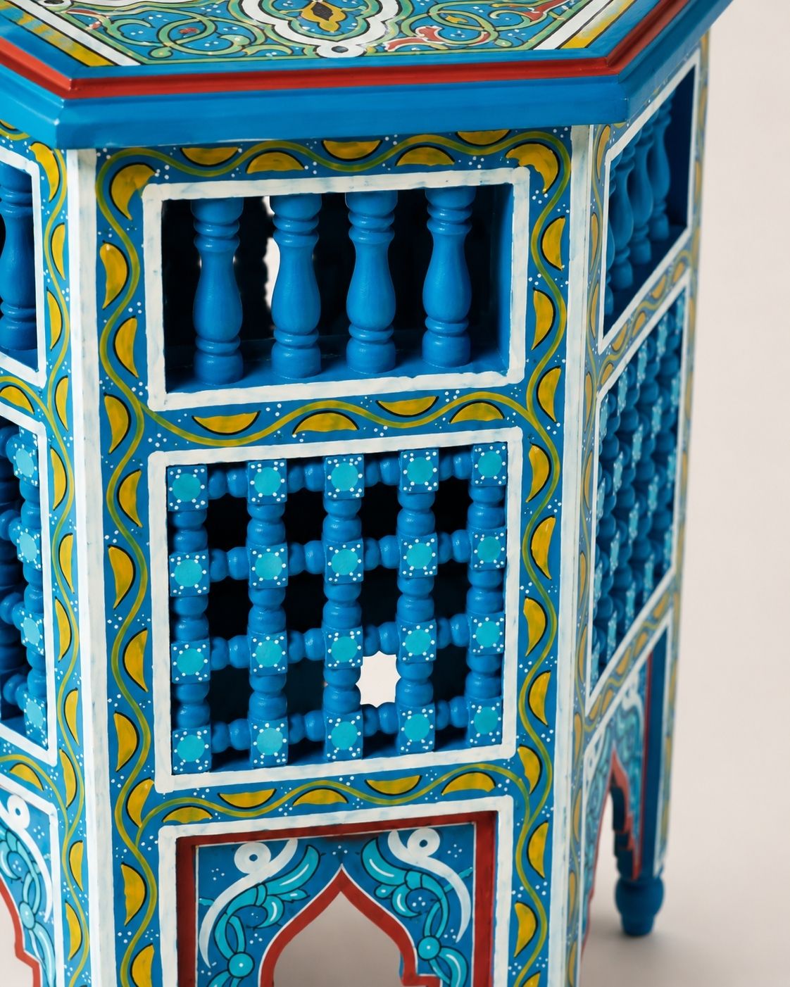 KasbaSouk premium Moroccan painted wooden side table close-up of artisan craftsmanship.