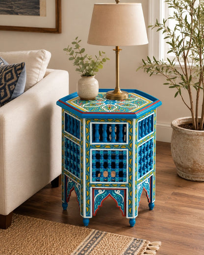 Boho hand-painted wooden nightstand in vibrant cobalt blue and yellow floral patterns.