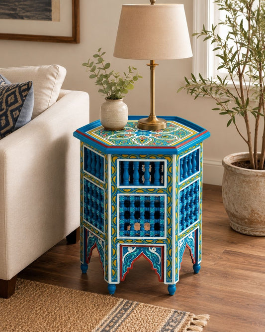 Boho hand-painted wooden nightstand in vibrant cobalt blue and yellow floral patterns.