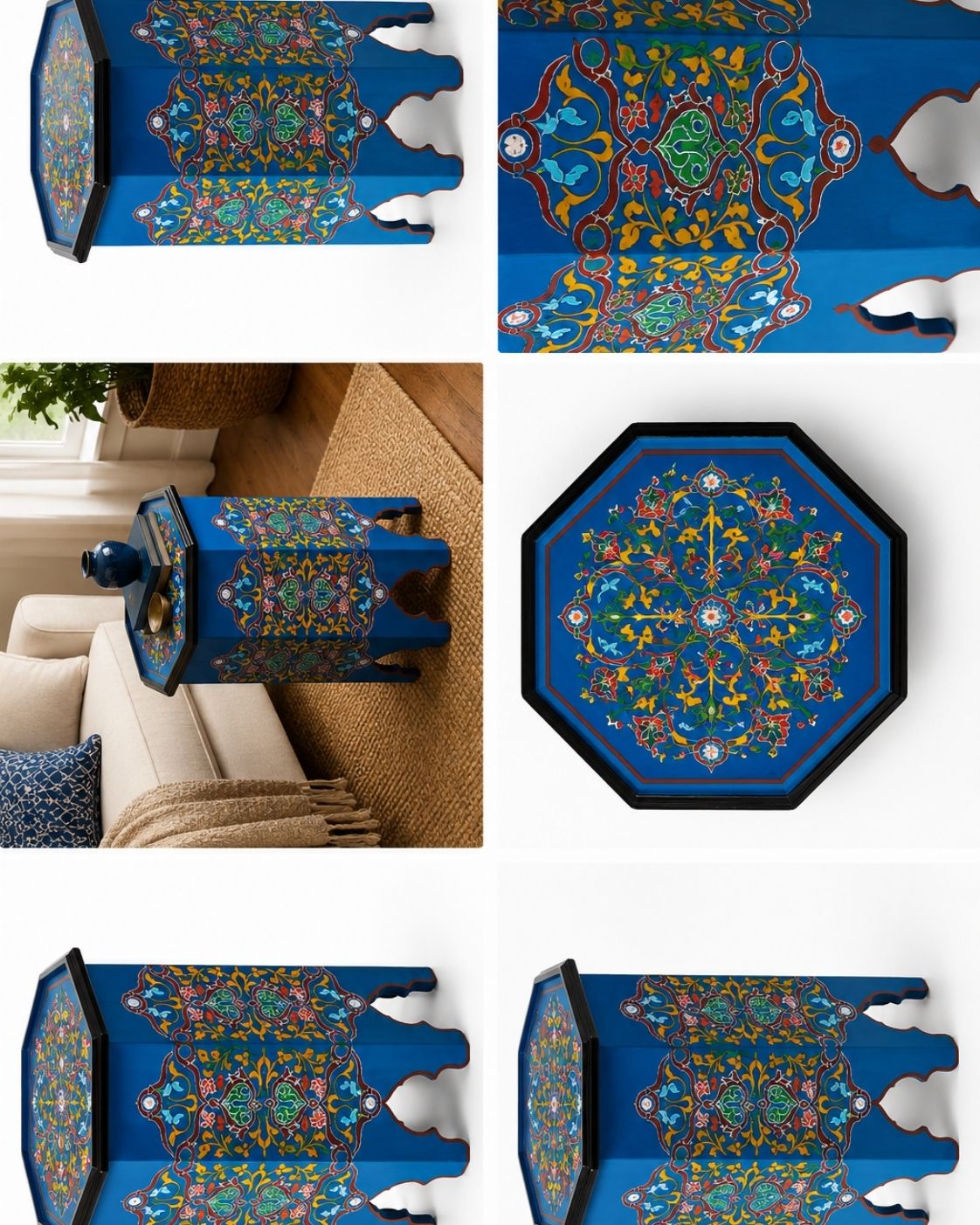 A collage showing multiple views of a decorative blue side table with intricate multicolor floral and geometric patterns. The views include top-down, angled, and in-room perspective shots on a sofa, with one view showing the back of the table against a white background.