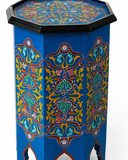 Hand-painted wooden side table with Moroccan arabesque details 