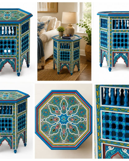 Handmade Moroccan furniture colorful octagonal accent table for bohemian living room decor.