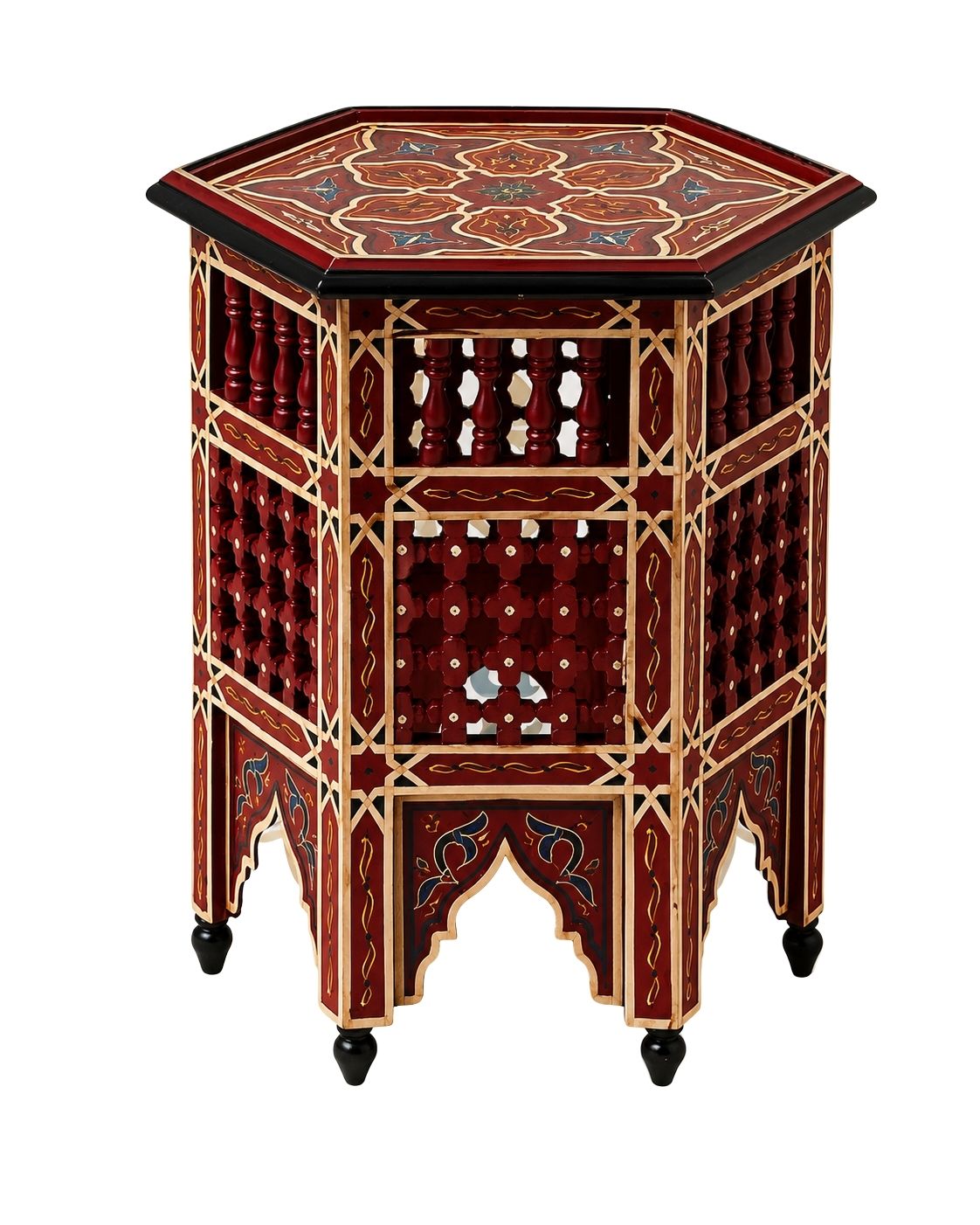 Front view of the burgundy-moroccan-hand-painted-octagonal-side-table-front.jpg showing traditional Moroccan wood latticework.