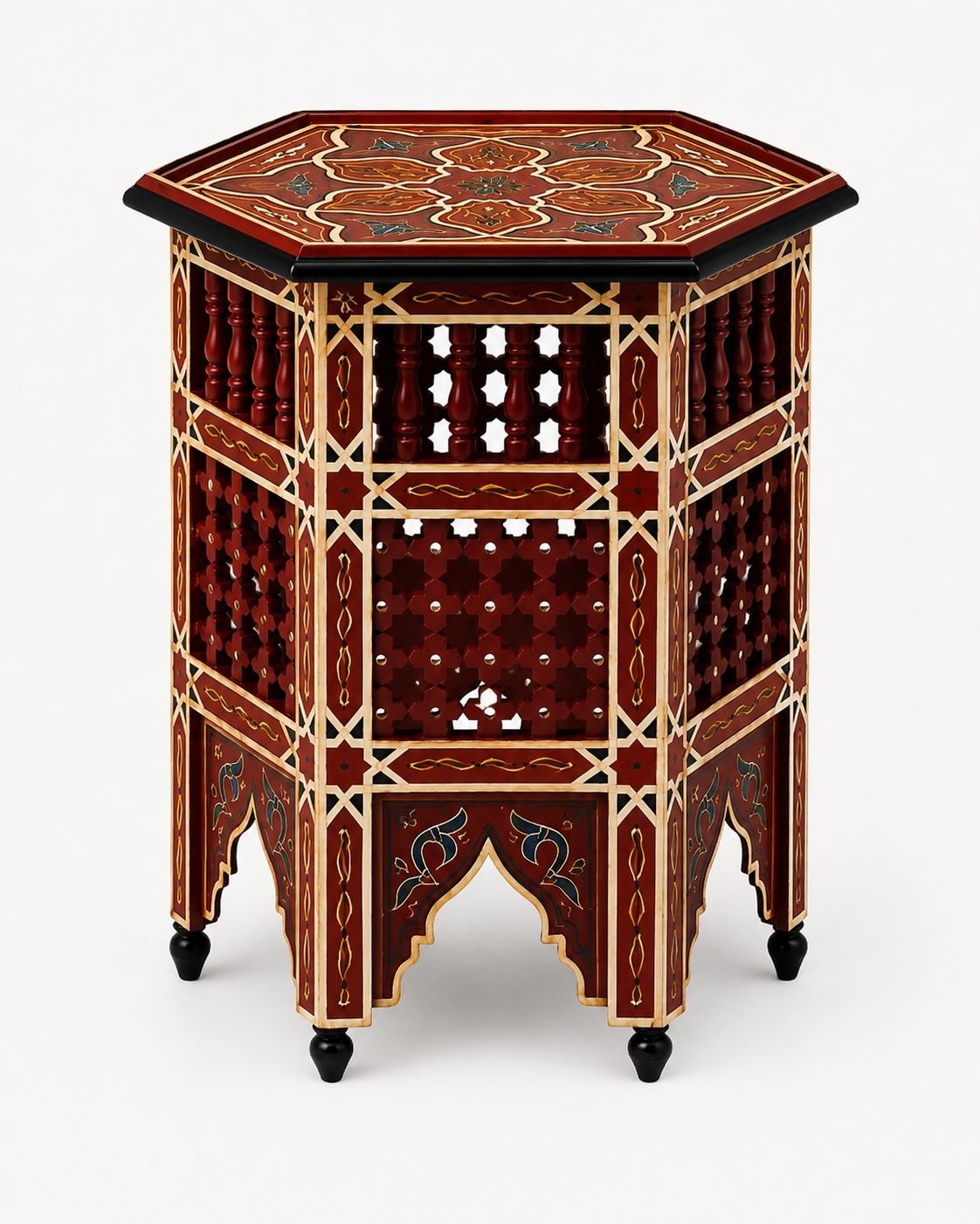 Moroccan Hand-Painted Octagonal Side Table - Burgundy Boho Accent End Table