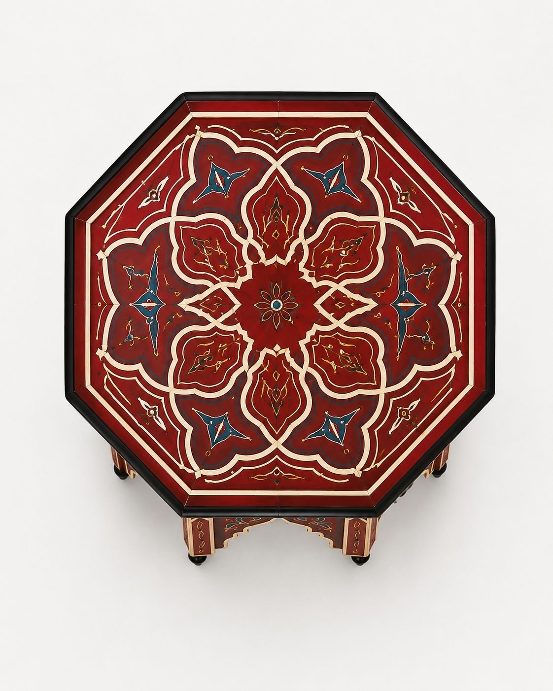 Handmade octagonal wooden nightstand with authentic moucharaby carving.