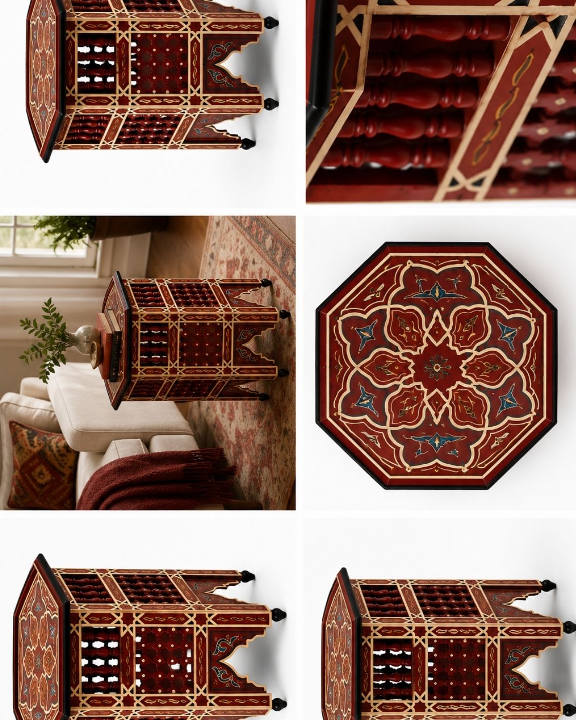 Elegant red and cream hand-painted wooden table crafted in Morocco