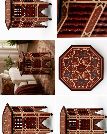 Elegant red and cream hand-painted wooden table crafted in Morocco