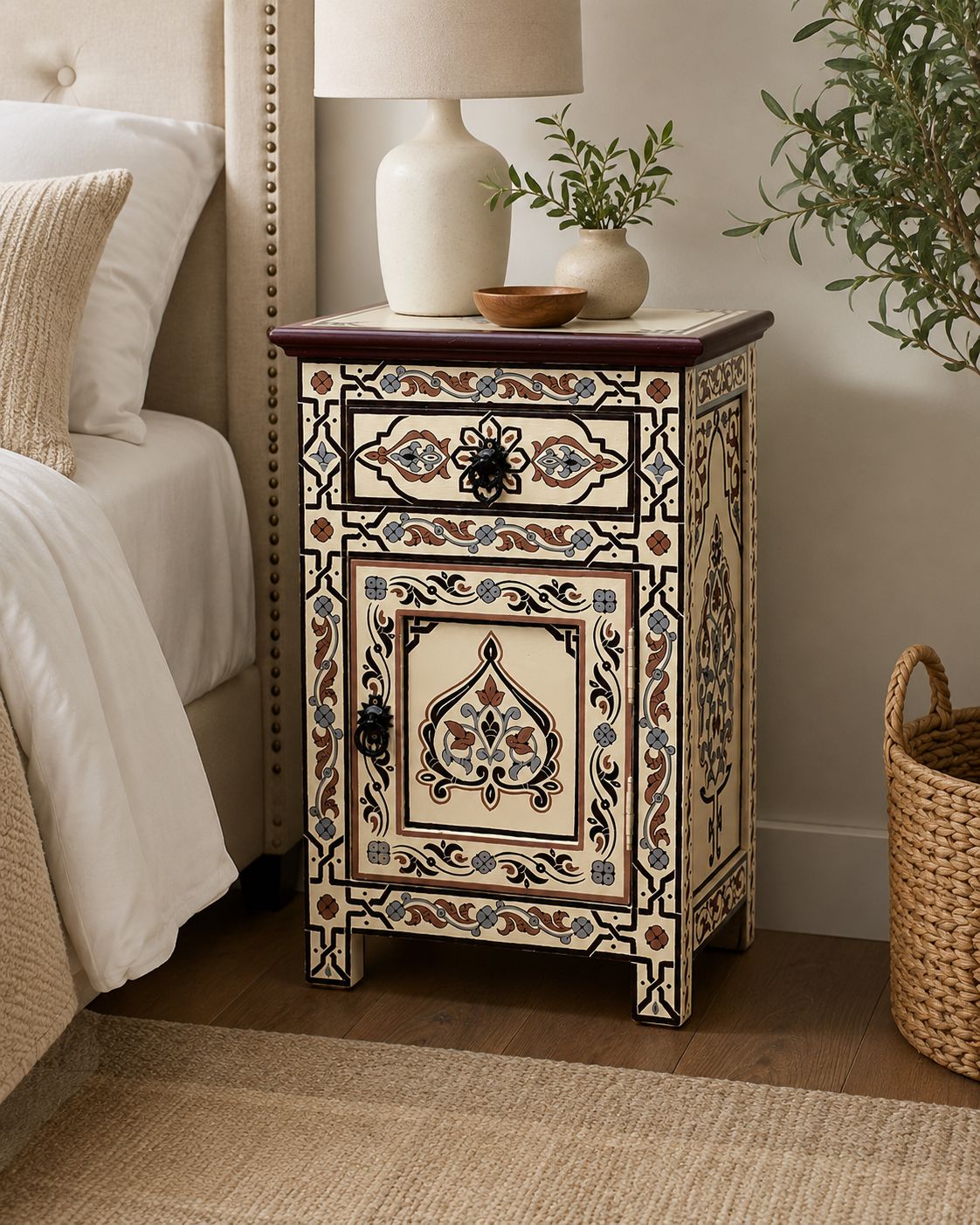 Handmade Moroccan bedside table with drawer and cabinet storage 