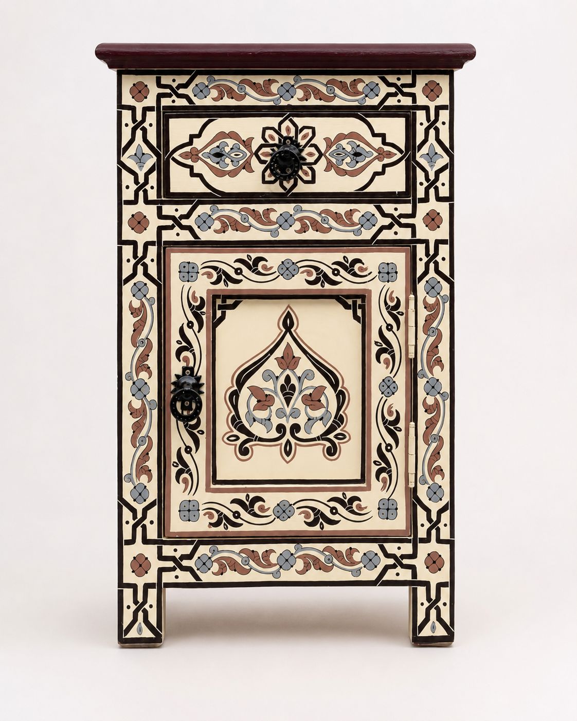Front view of cream and blue painted Moroccan nightstand 