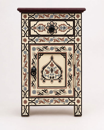 Front view of cream and blue painted Moroccan nightstand 