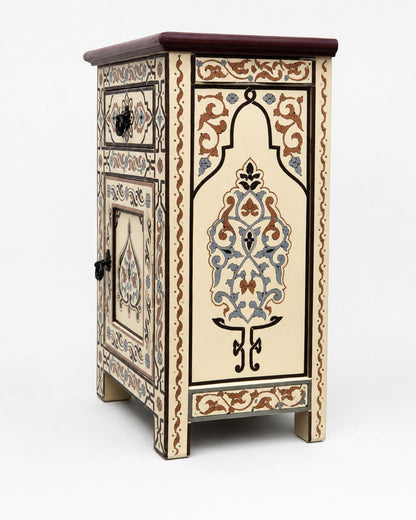 Side view of artisan Moroccan cabinet with floral patterns 