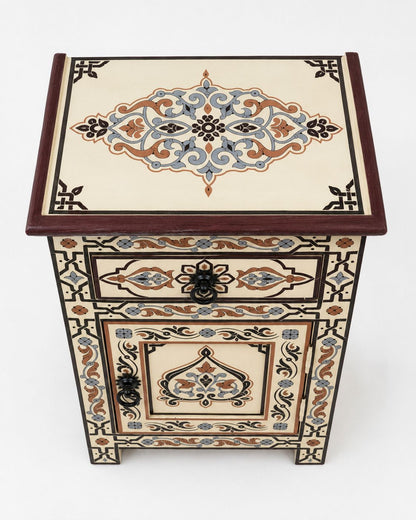 Top view of Moroccan nightstand with hand-painted medallion design 