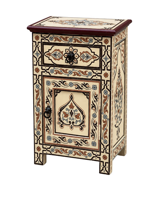 Cream brown and blue Moroccan hand-painted nightstand cabinet 