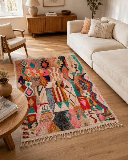 Rear view showing the back of the handmade Moroccan rug. 